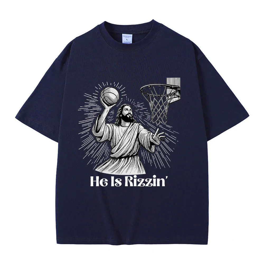 Funny Baskerball Jesus Meme T Shirt He Is Rizzin Christian Easter T-shirt Men Casual 100% Cotton Oversized Tee Shirt Streetwear