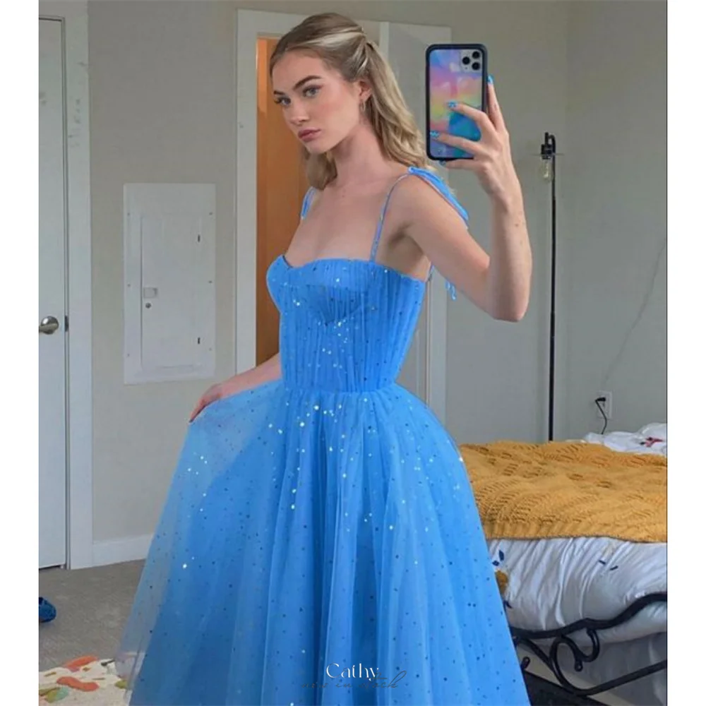 Cathy Blue Tulle Spaghetti Strap Prom Dress Heart Shape Neck A-line فساتين سهرة Elegant Ankle-length vestidos de fiesta 2024