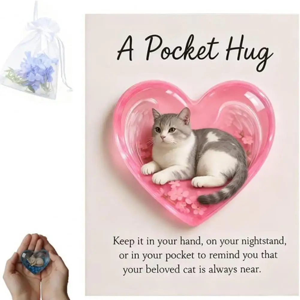 Heart-shaped Cat Charm Heartfelt Cat Keepsake for Cat Owners Pocket Hug Charm with Inspirational Card Sleeping for Lovers