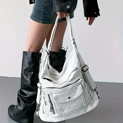 Women's Fashion Multi-Pocket Motorcycle Shoulder Bag Large Capacity Retro Washed Crossbody Backpack