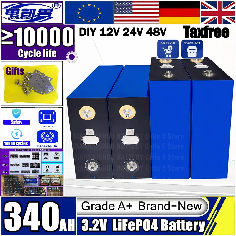 

LiFePO4 3.2V 340Ah DIY 12V 24V 48V solar energy storage 100% Brand New A-Grade 10000 cycle rechargeable battery suitable for