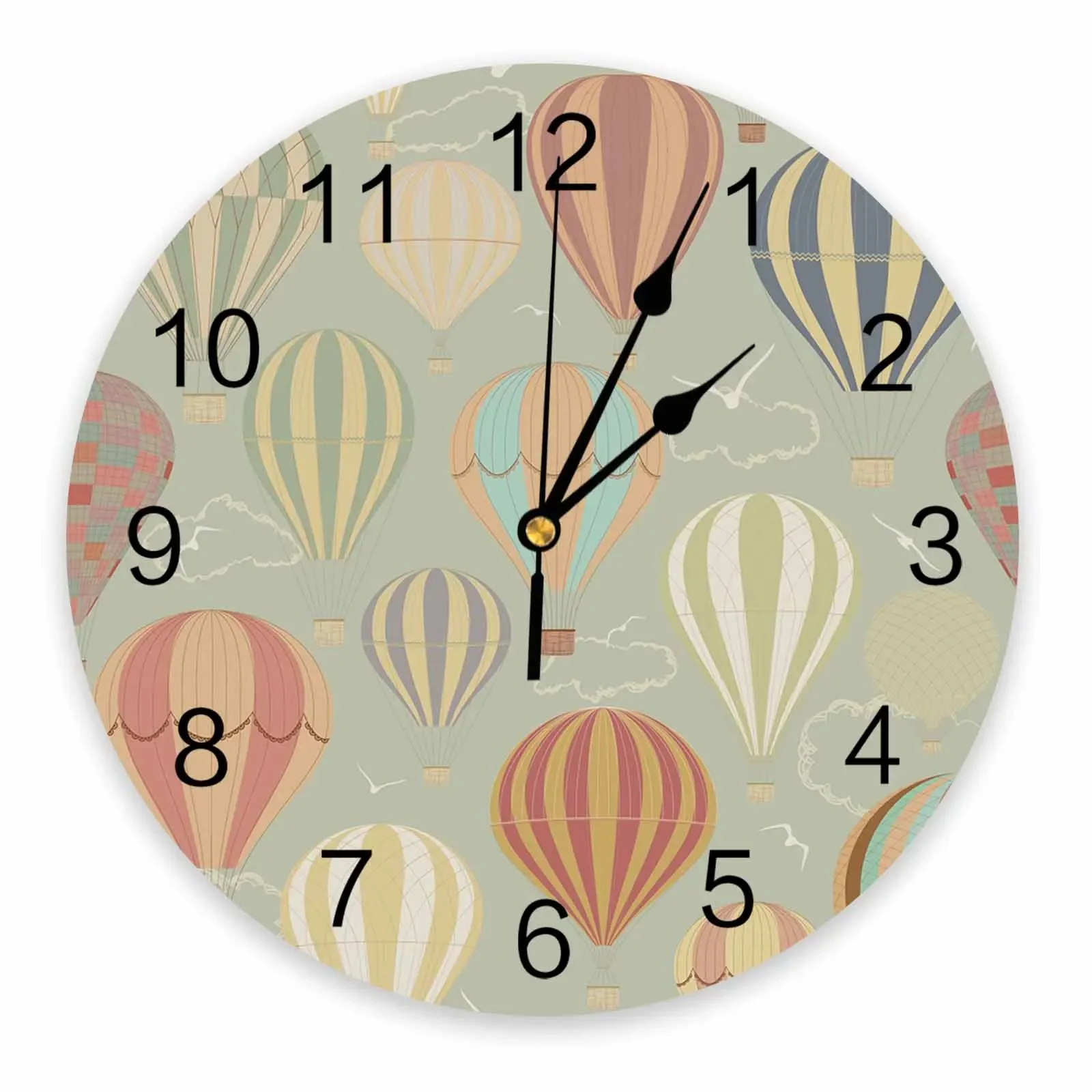 Cartoon Hot Air Balloon Vintage Decorative Round Wall Clock Custom Design Non Ticking Silent Bedrooms Large Wall Clock