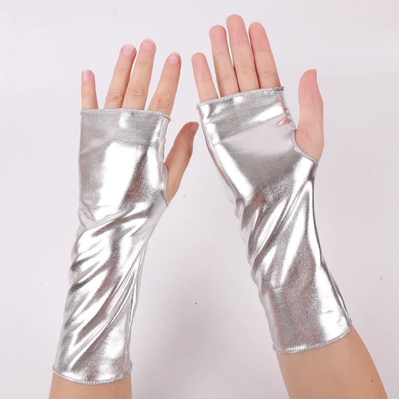 Fingerless Gloves Black Synthetic Leather Short Halloween Punk Hip Hop Patent Leather Stage Show Women Lightweight