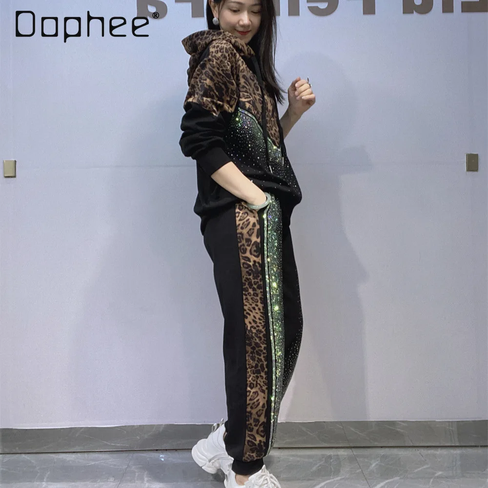 

Color Block Hooded Loose Sweatshirt + Elastic Waist Long Pants Two-Piece Set for Women Autumn Versatile Leopard Print Outfit