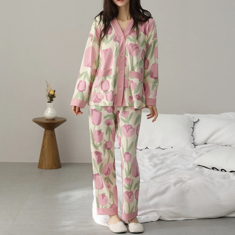 Cute Pajamas Cotton Cozy Women Long Sleeves Long Pants Button with Bra Padded Autumn Winter Nightshirts Kawaii Ladies Sleepwear