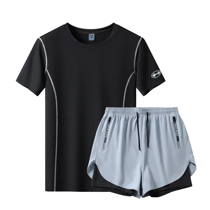 

2 комплекта спортивной одежды для фитнеса с короткими рукавами, летний комплект, быстросохнущая одежда для бега на открытом воздухе, мужская одежда