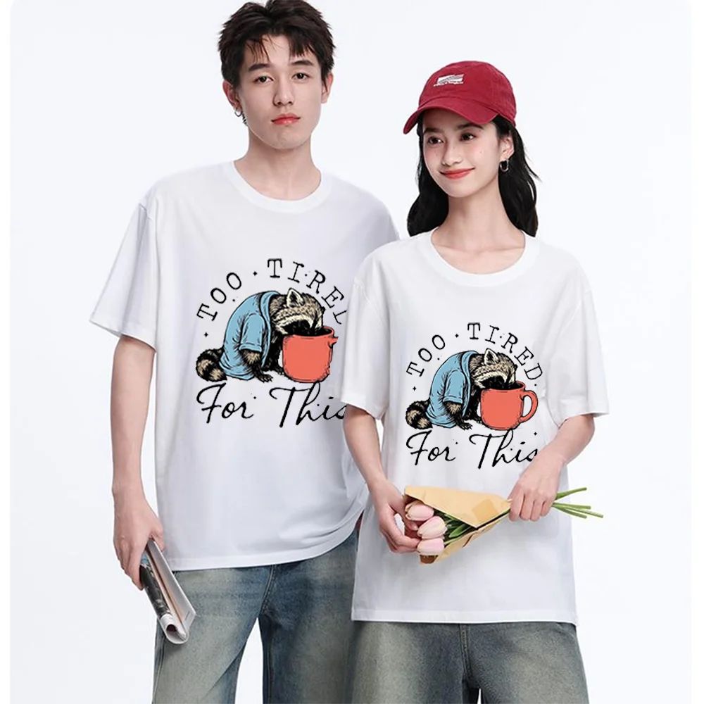 Tired Raccoon Coffee Cup Printed T Shirt Breathable Fabric S-XXL Personalized Custom Aesthetic Graphic Unisex Fit Casual Short S