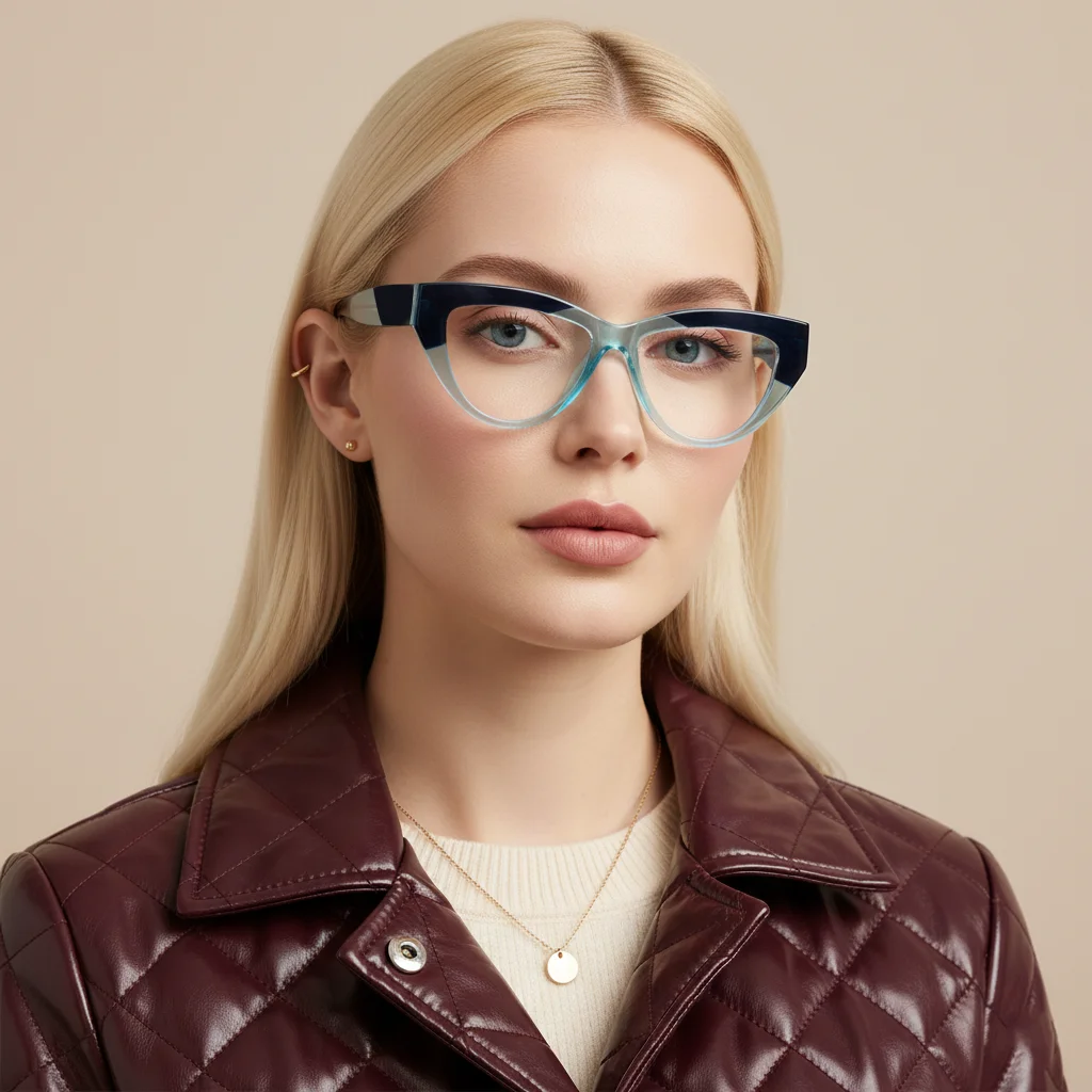 Trendige zweifarbige Katzenaugen-Brille mit Blaulichtfilter für Damen, TR90, modisches optisches Gestell, Patchwork-Computer-Gaming-Brille