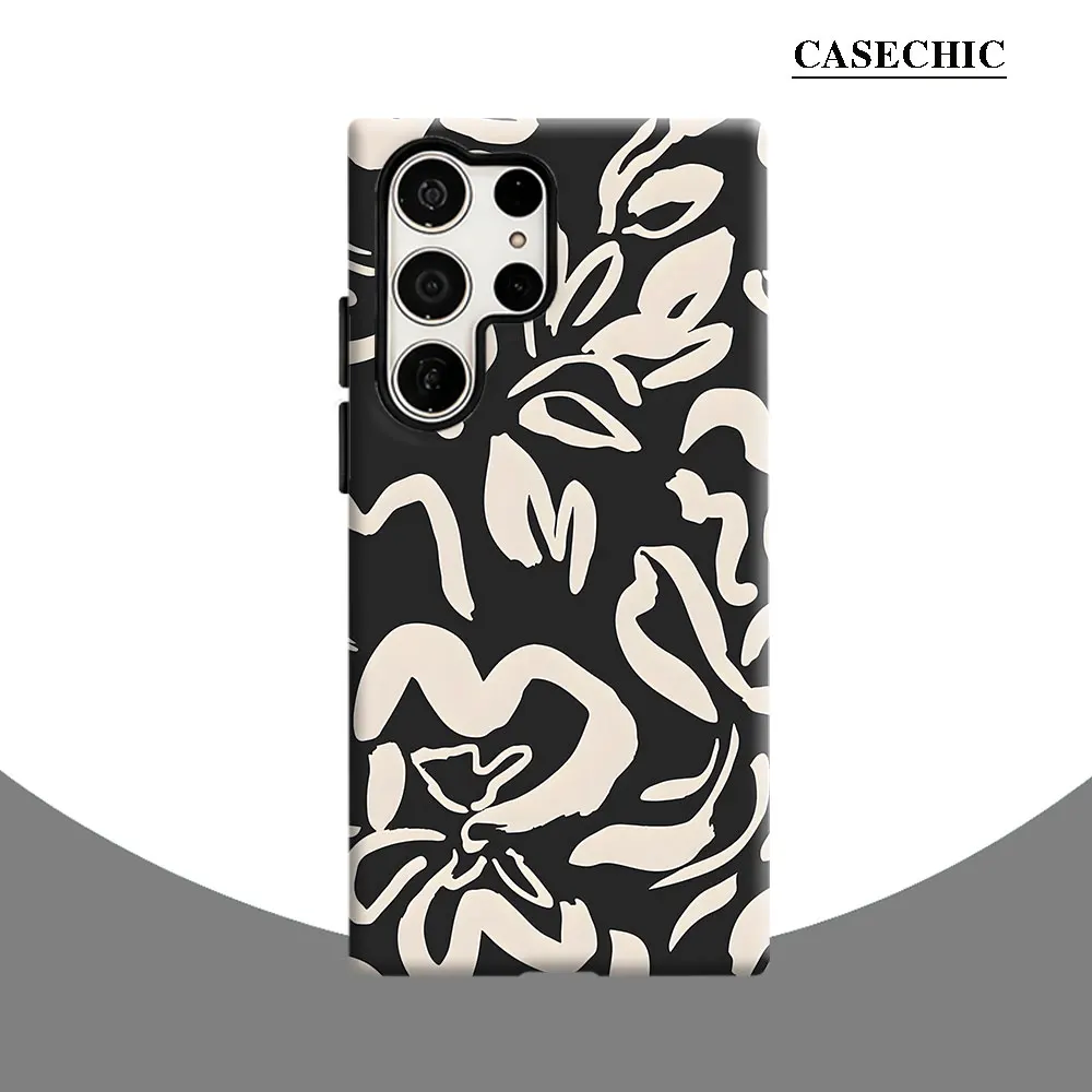 Abstract Black White Floral Phone Case for Samsung Galaxy S26 S25 Ultra S24 S23 Ultra Plus Shockproof Double layer Back Cover