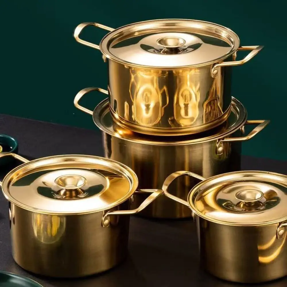 Kitchen Cookware Stainless Steel Korean Ramen Pot Double Handle with Lid Stew Pot Rust Resistant Gold Soup Cooking Pot Porridge
