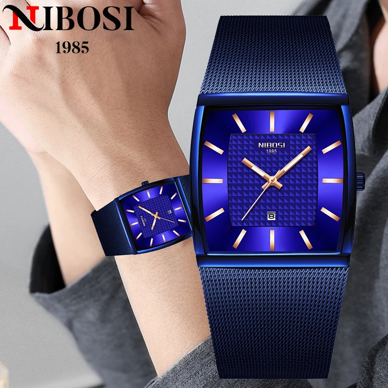 NIBOSI Luxury Blue Man Watch Square Waterproof Luminous Date Week Men Watch Stainless Steel Quartz Men's Watches reloj hombre