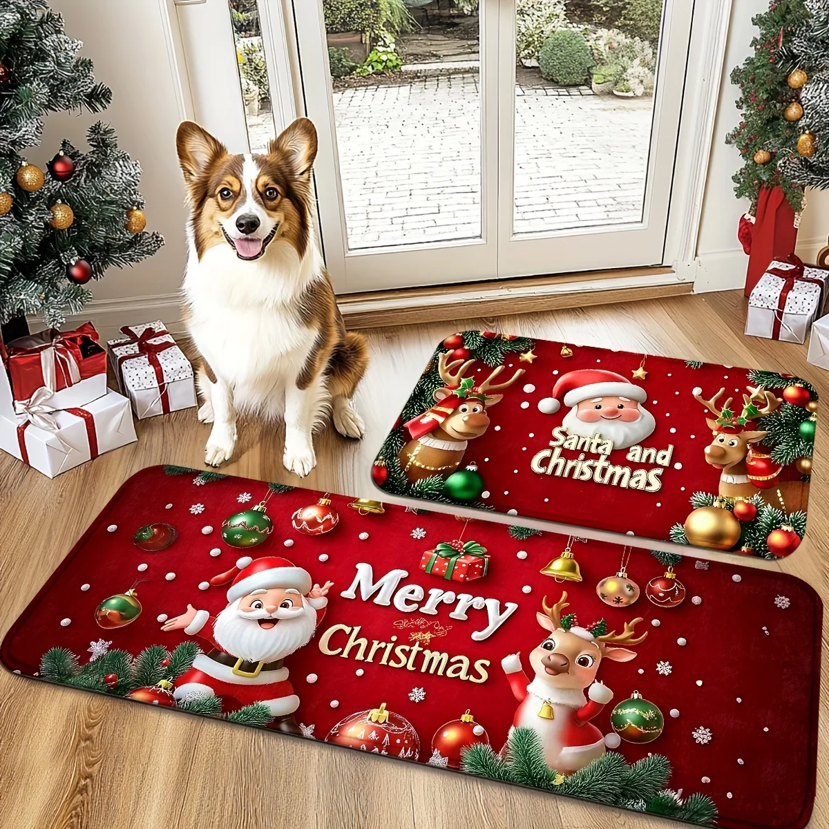Merry Christmas Santa Reindeer Bauble Print floor mat kitchen living room hallway  Aisle Mat entryway laundry room holiday vibe