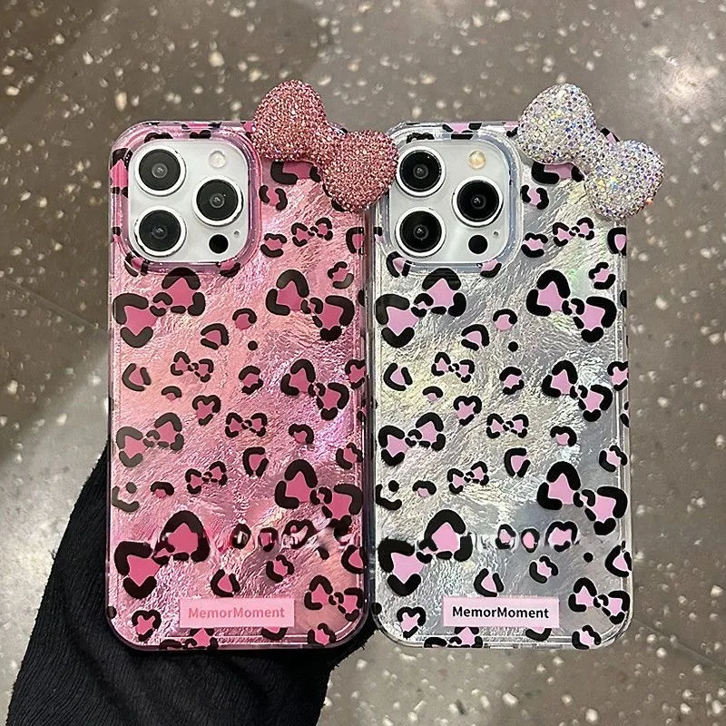 Funda con estampado de leopardo colorido, destellos, moño de diamante y forro brillante para iPhone 16 15 14 Plus 13 Mini 12 Pro Max 11 7 8 SE X XS XR 6