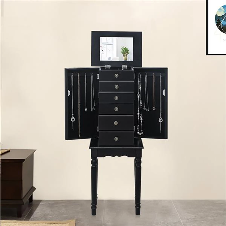 5 Drawers Standing Jewelry Armoire with Mirror Jewelry Cabinet Chest with Top Storage Organizer Black cabinet