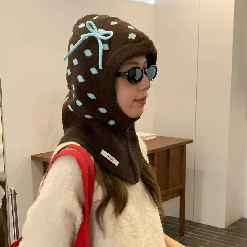 Korean Style Sweet Bow Polka Dot Balaclava Hat Winter Outdoor Knitted Hooded Neck Guard Pullover Knitted Hats for Women Cap
