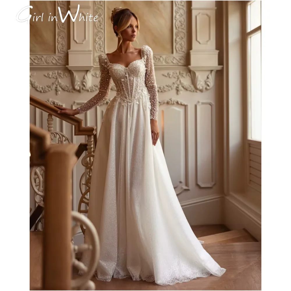 

A-line White Pearls Sequins Beaded Mesh Fabric robes de soirée Sweetheart Customized Long Sleeves Wedding Dress Bridal Gown