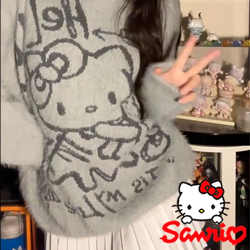 

Sanrio Hello Kitty Knitwear Sweaters Cartoon Women Winter Loose Warm Round Neck Pullover Sweater Girls Fashion Warm Sweaters