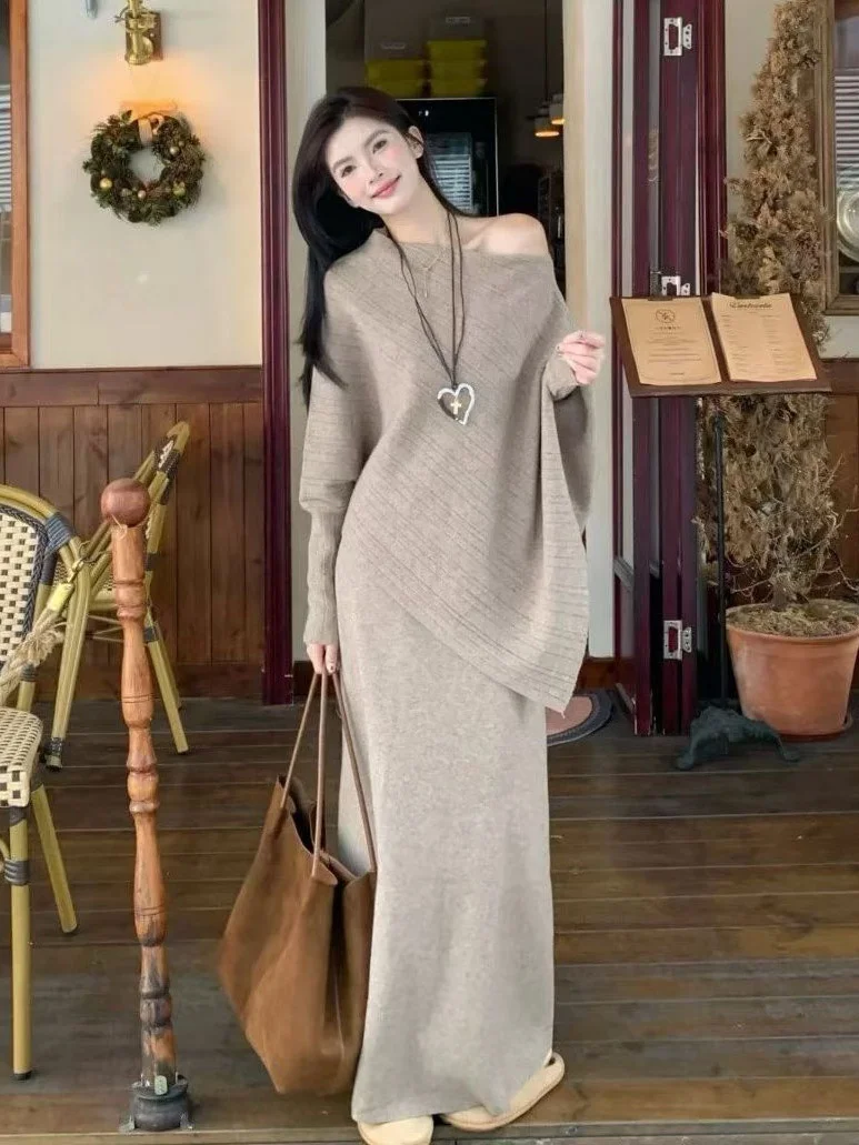 

plus Size Lazy Sle Knitted f Skirt Set with oulder awl for Women Spring New Arrival Comfortable High Waist Faion Set