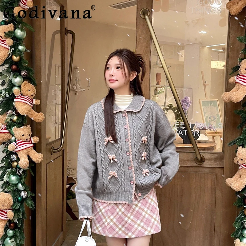 

Autumn Winter Large Size Sweet Peter Pan Collar Girl Age-reducing Sweater Korean Long Sleeve Bow Simple Versatile Knitted Top