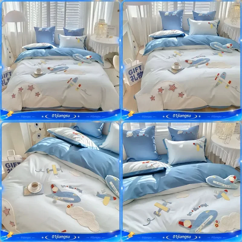 100 Thread Count Australian Cotton Kids Bedding Set Cute Cartoon Airplane Embroidery Children Duvet Cover Pillowcase Sheet