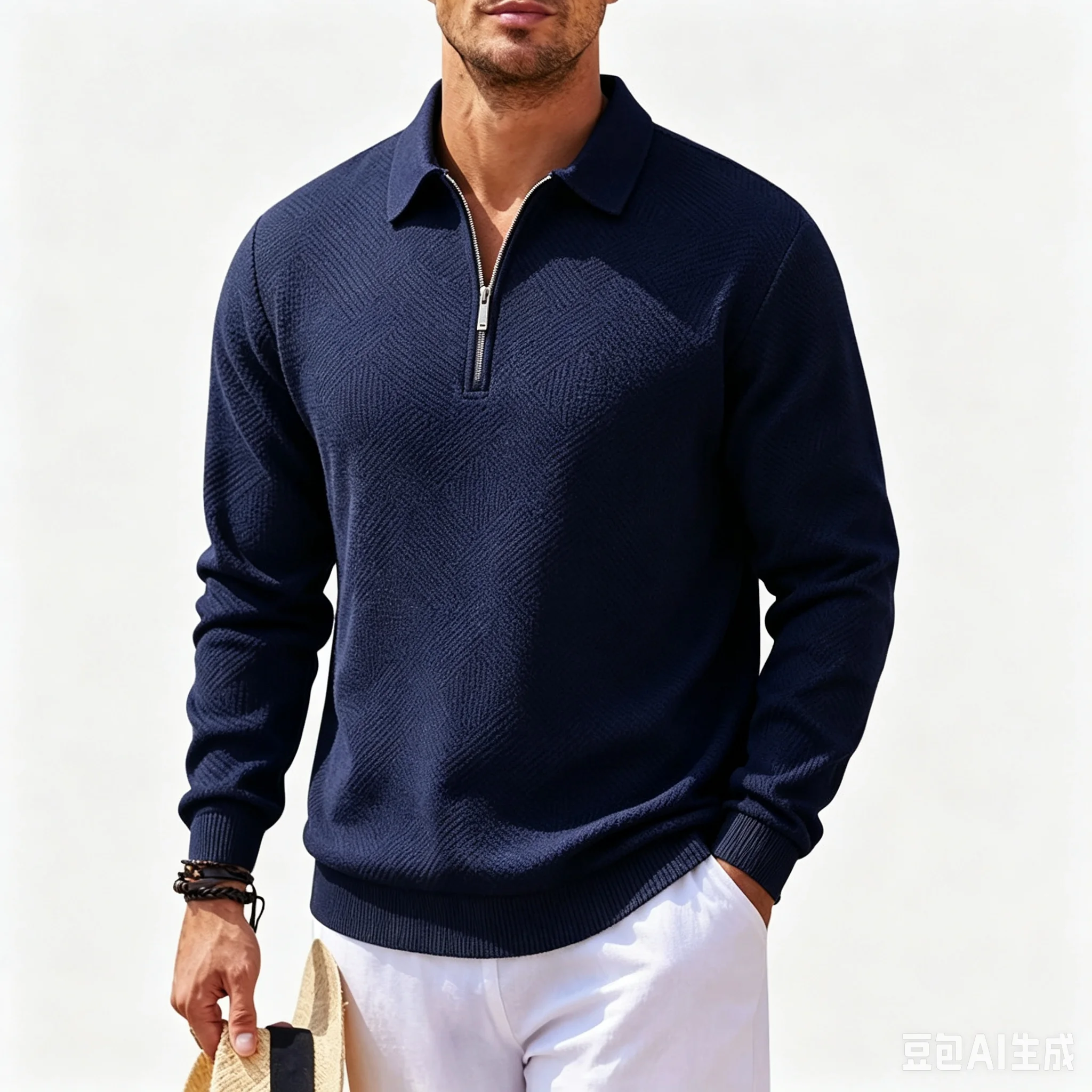 Men's Quarter Zip Knit Sweater Polo Collar Long Sleeve Pullover Casual Solid Color Lightweight Jumper Spring Autumn view 2
