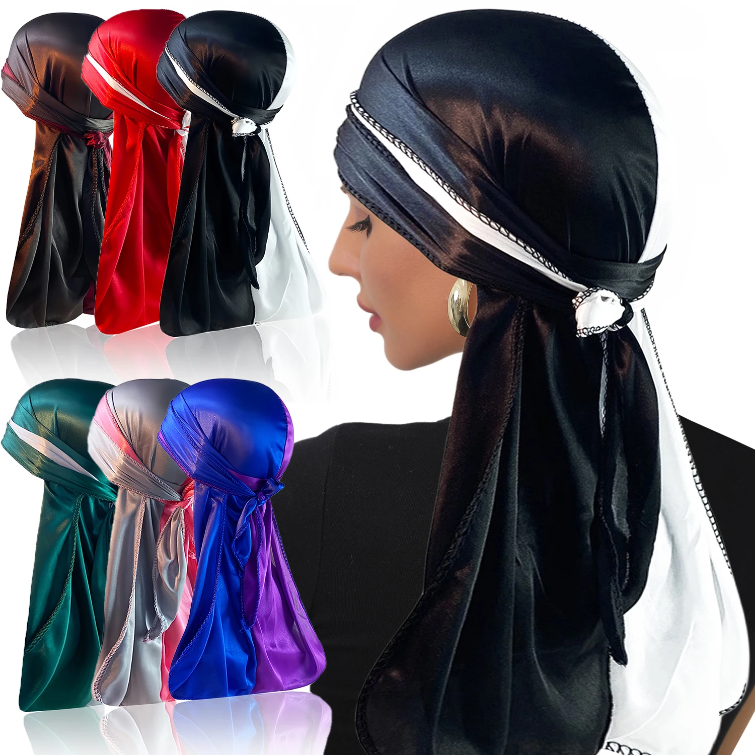 Jedwabista uliczna Durag elastyczna chusta na głowę dla kobiet zagęszczona czapka z długim ogonem na zewnątrz z szerokim paskiem