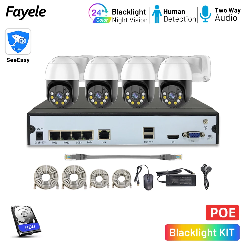 

Blacklight Full Color Night Vision POE Security Camera System 4CH NVR 4MP Dome Mini PTZ Camera Video Surveillance Kit F1.0 lens