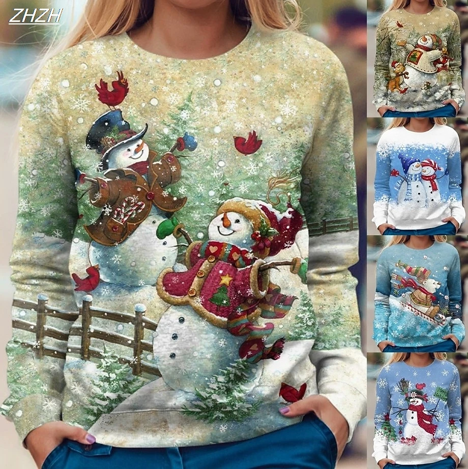 Women's Christmas Snowman Print Hoodie, Festive Pullover Sweatshirt, Cozy Long Sleeve Wear, Fall Winter Holiday Style pullover