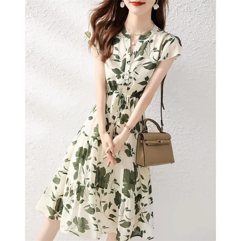 Women Dress 2024 New Chiffon Silk Acetate Original Single Ladies Summer Fashionable High-end Printing Medium Long A-line Skirt