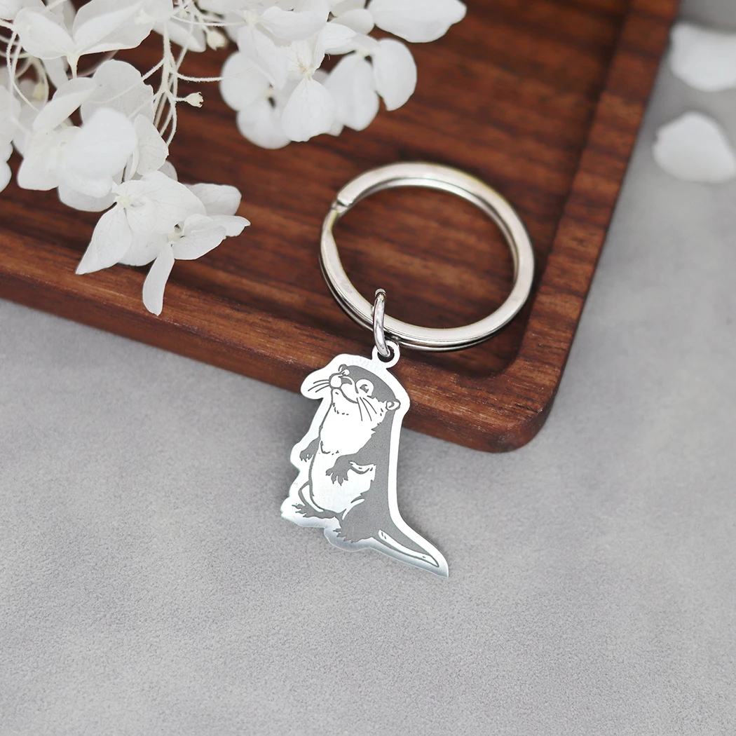 Cute River Otter Personalized Pendant Keychain Custom Name Letter Men Women Stainless Steel Keyring Jewelry Gift