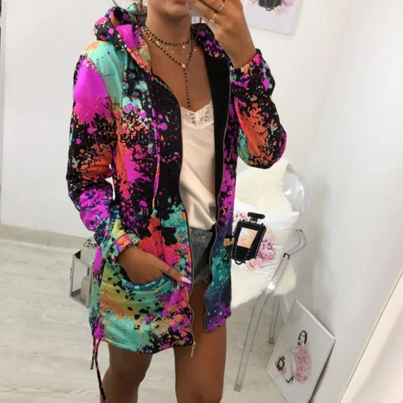 Black Jackets Women Outerwear & Coats Jackets Female Fashion Tie Dyeing Print Outwear Sweatshirt Hooded Zopper Coat harajuku