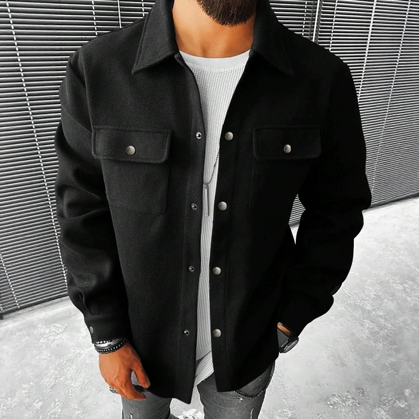 Men’s Solid Color Casual Trendy Simple Breasted Turn-down Collar Multi Pocket Corduroy Coats New Fashion Male Jacket Clothes Top