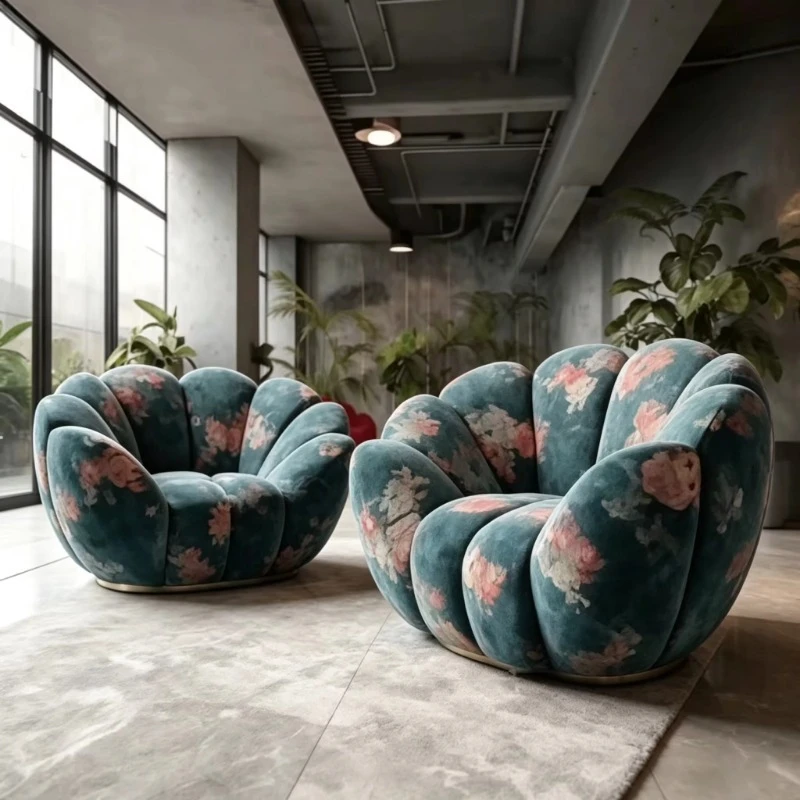 Vintage floral pattern velvet petal armchair, art style single sofa, suitable for bedrooms and apartments