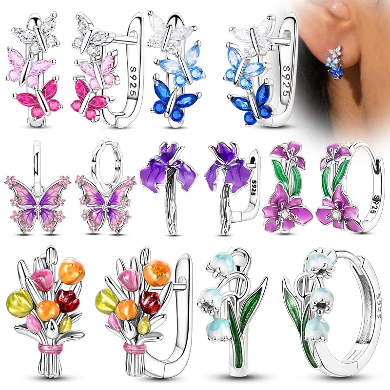 Original 925 Sterling Silver Hoop Earrings Women's Fashion Jewelry Butterfly Iris Lily of the Valley Tulip Flower Luxury Earring