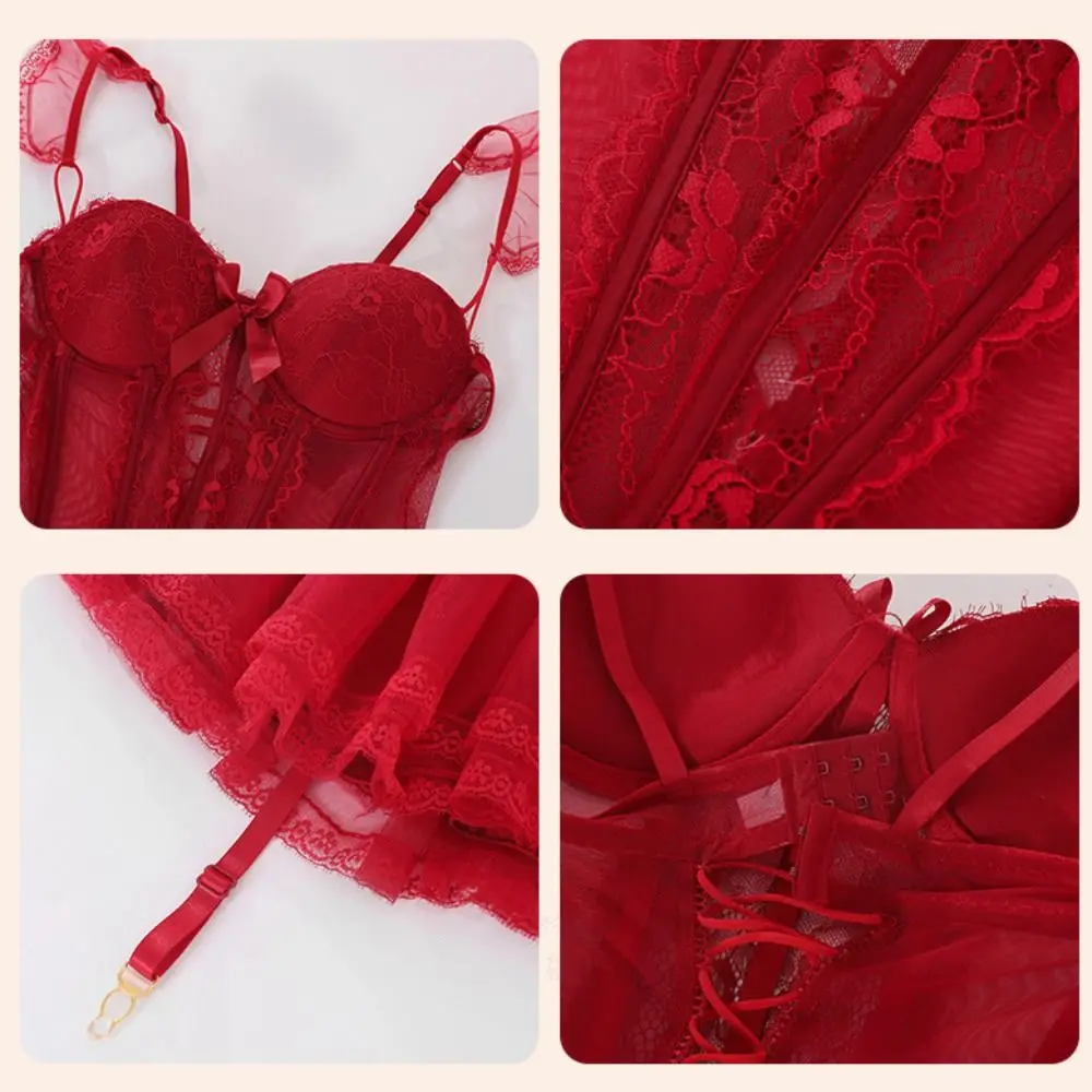 Пикантная кружевная ночная рубашка в стиле девушки с бантом, прозрачное женское белье без рукавов, сетчатая ночная рубашка, кружевная ночная рубашка на бретельках, домашняя