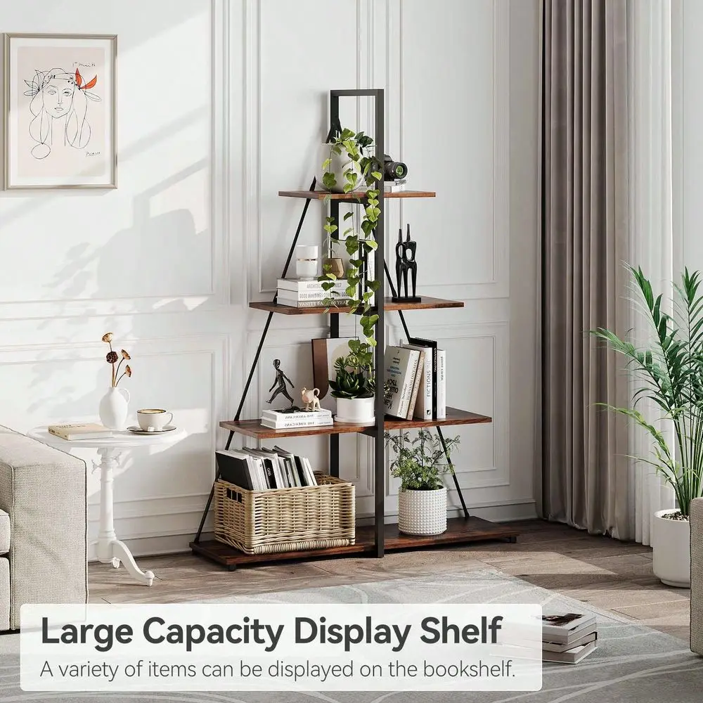 

4 Tier Bookshelf, Bookcase Shelf Storage Organizer, Industrial Style Bookcase, Wooden Ladder Shelves Storage Organizer For Bedr