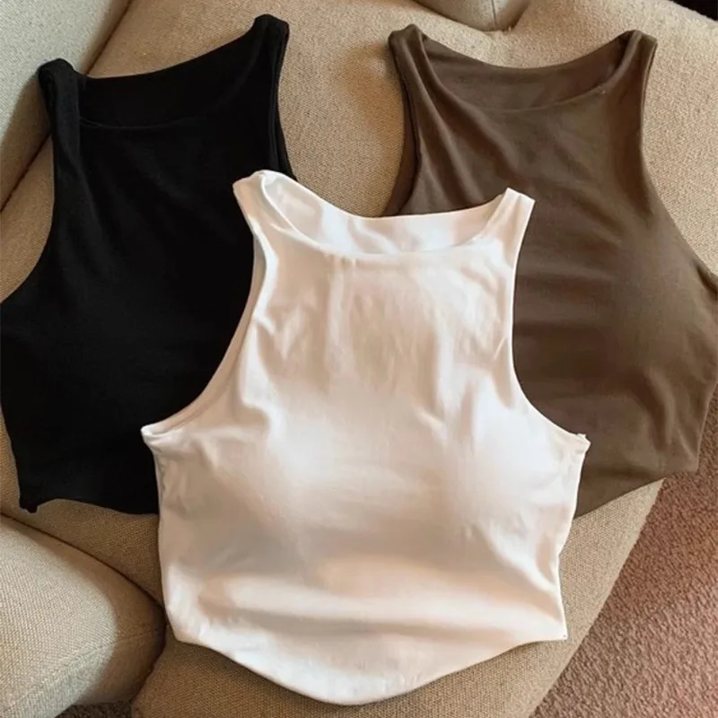 Women Vest Fashion Sexy Cotton One-piece Sling Sleeveless Top with Cups Round Neck Short Sports Yoga Gym Bra Summer Crop Tops