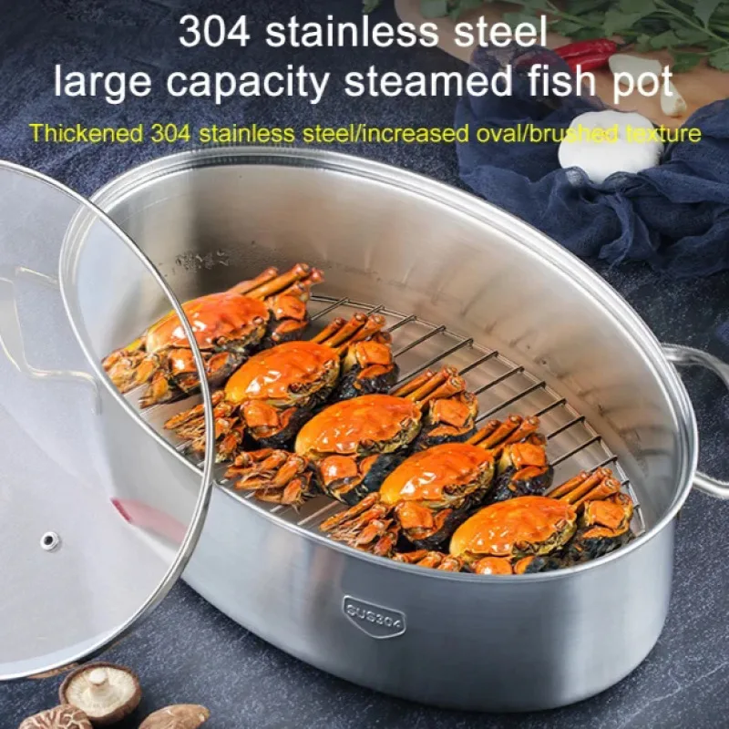

Household Oval Fish Steamer Stainless Steel Soup Steamer Pan Multifunctional Kitchen Steaming Fish Pot with Transparent Cover