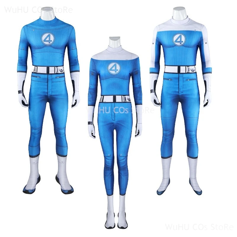 Movie Fantastic Cos Four Reed Richards Cosplay Costume Blue Jumpsuit Fullset Superhero Zentai Party Invisible Man Jumpsuit Cos