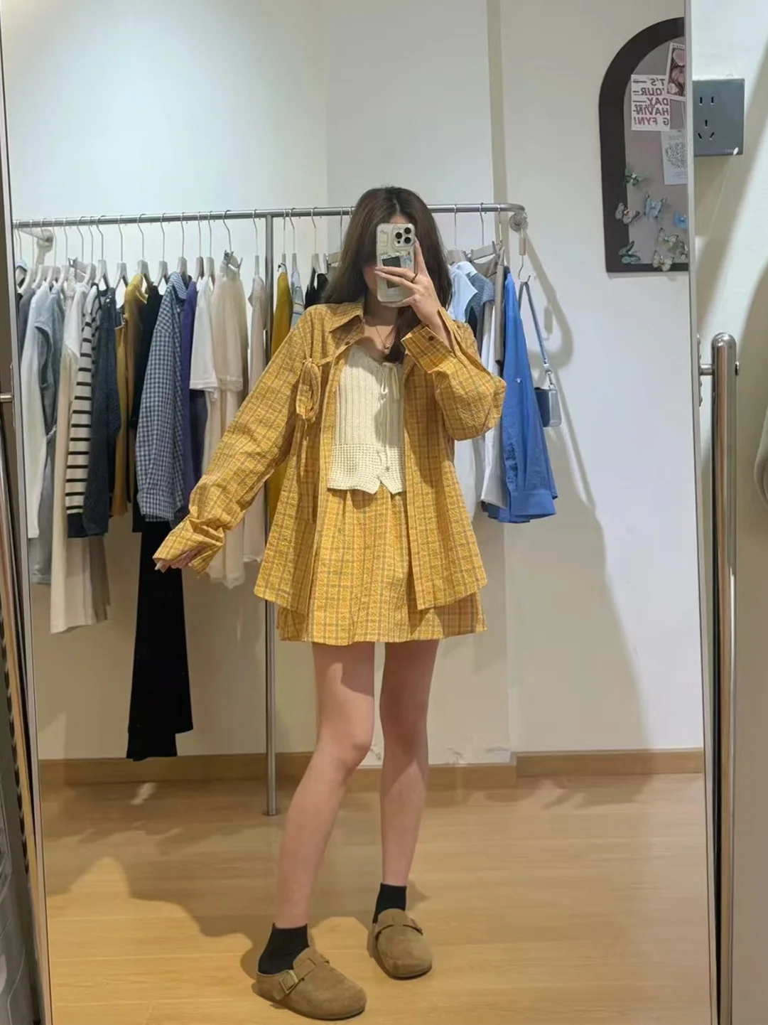 

Fashionable Plaid Shirt And Skirt Set Women's Spring Summer Slimming High Waist Gingham Print Workwear Style Two Piece O...