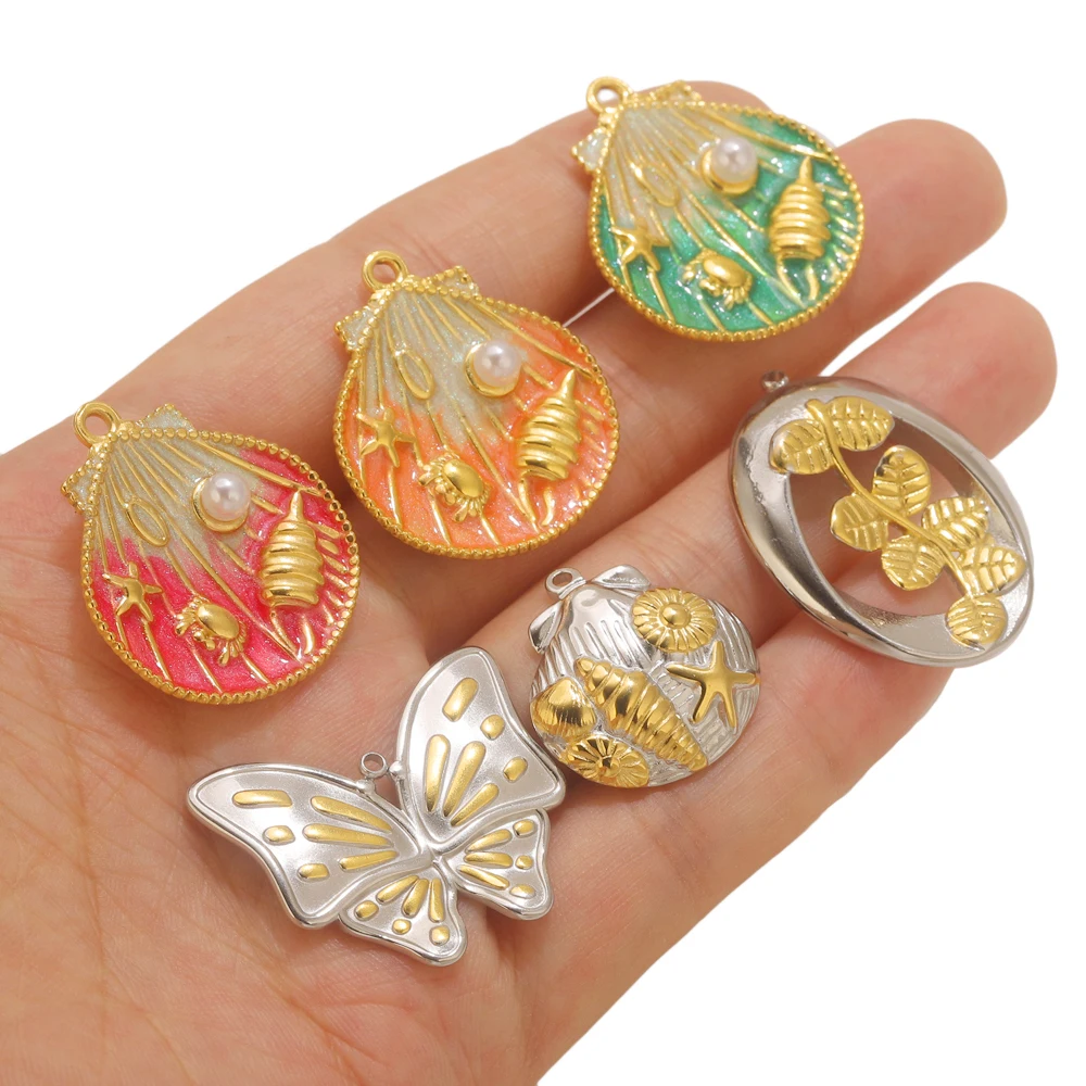 

2PCS Stainless Steel Enamel Seashells Pearl Charms Pendant Connector Jewelry Materials Making Creation Charm DIY Necklace