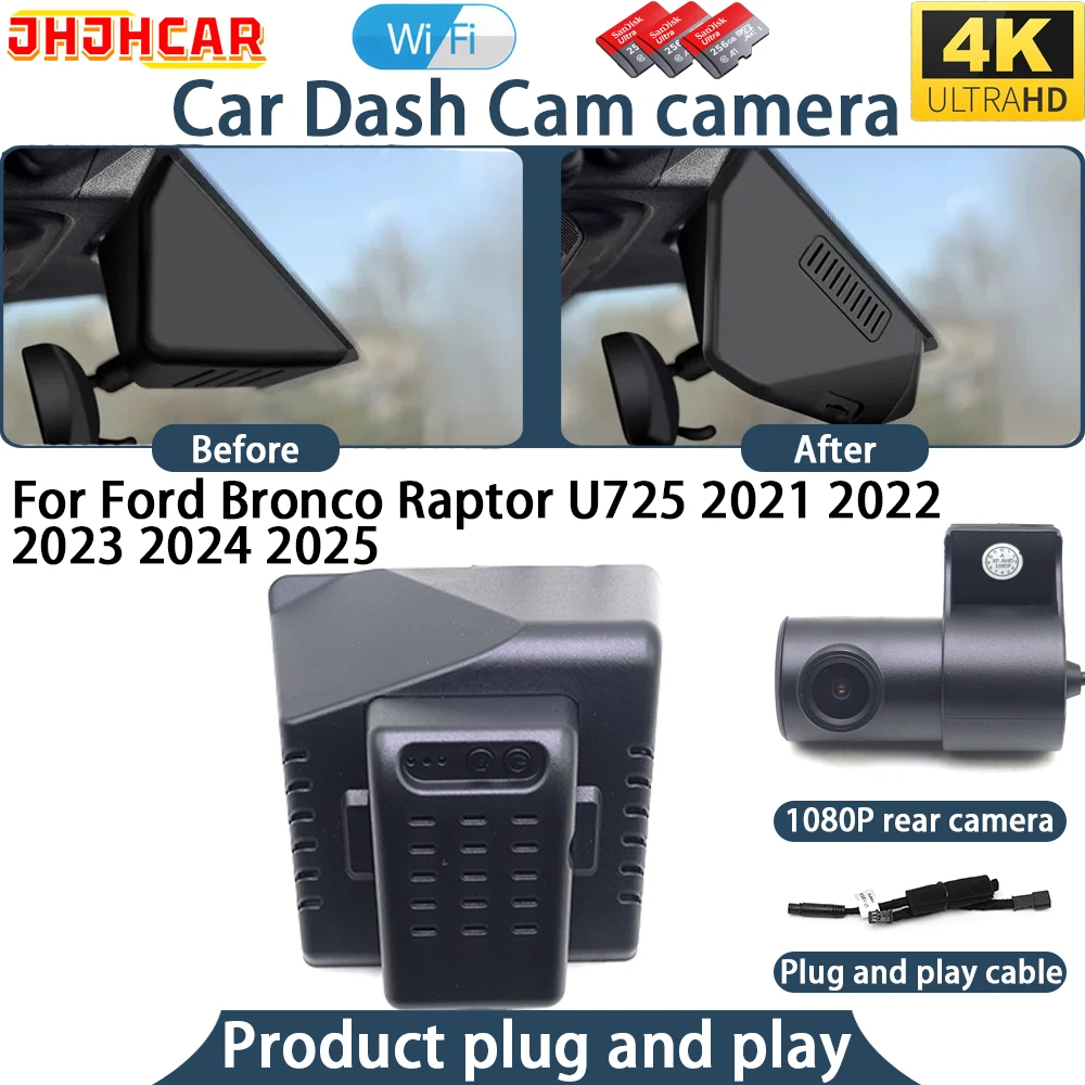 4K UHD Dash Cam For Ford Bronco Raptor U725 2021 2022 2023 2024 2025 Plug And Play WiFi DVR Camera Video Recorder Angle Night