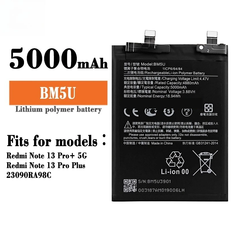 5000mAh /5100mAh BN5P BM5V BM5U para Xiaomi Redmi Note 13/Note 13 Pro/Note 13 Pro + Pro Plus 5G Baterias de telefone móvel + ferramentas