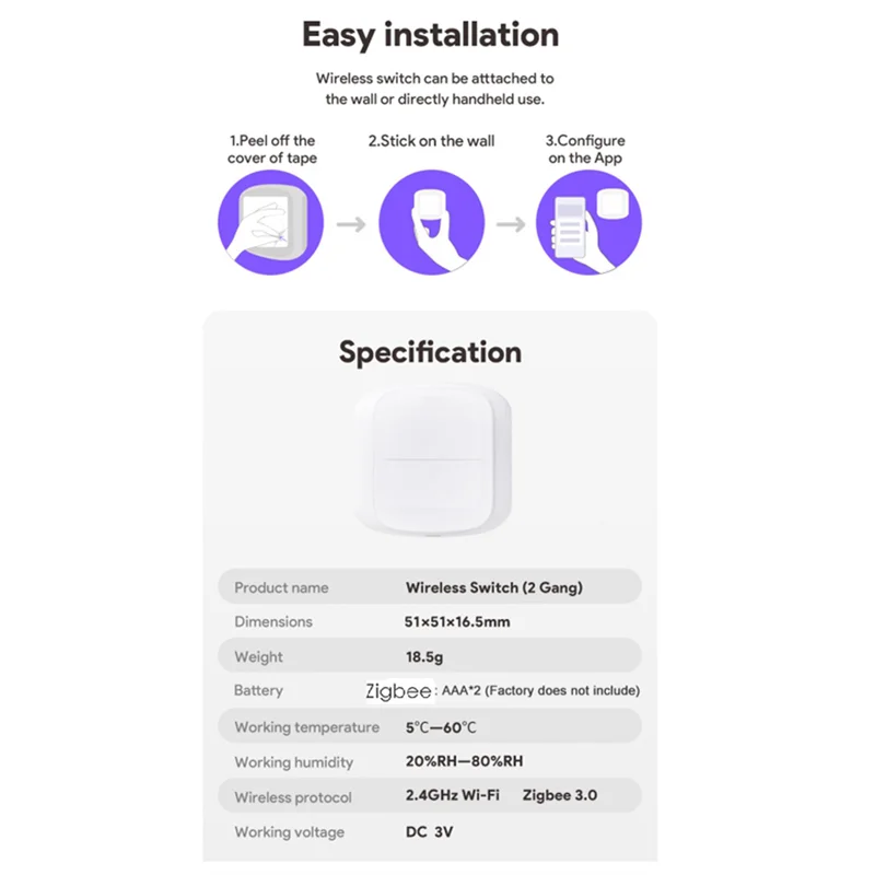 A76K 1 Piece Wireless Smart Switch Double Mini Smart Button Switch Multi-Function Tuya Smart Zigbee Switch For Home Automation