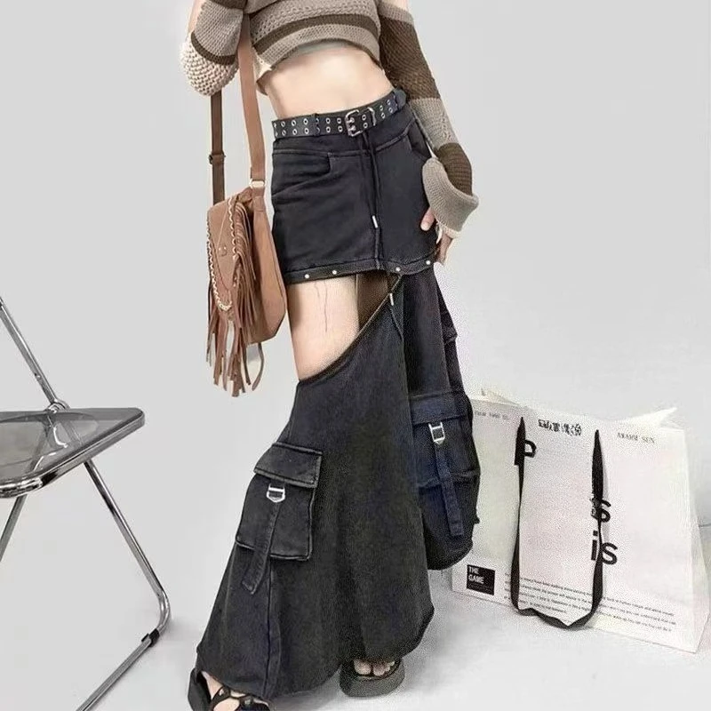 Women's Removable Zipper Design Long Skirt Summer Casual Cool Girl Bottoms Female Vintage Street Ankle-length Skirts