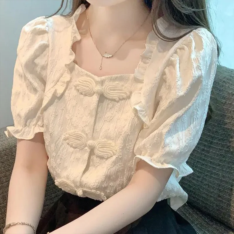 New Chinese Style Retro Unique Waist Cinched Bubble Sleeve Shirt for Women\'s Summer Wooden Ear Edge Square Neck Trendy Shirt Top