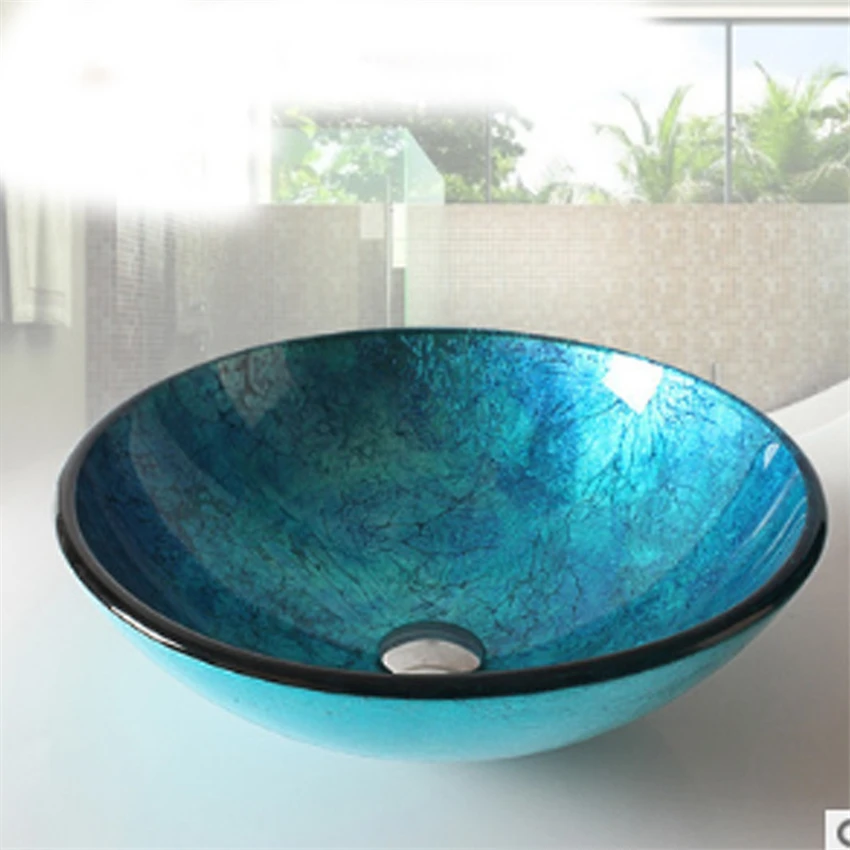 

European-Style Round Tempered glass wash basin art marble table wash basin Household Washroom Washbasin