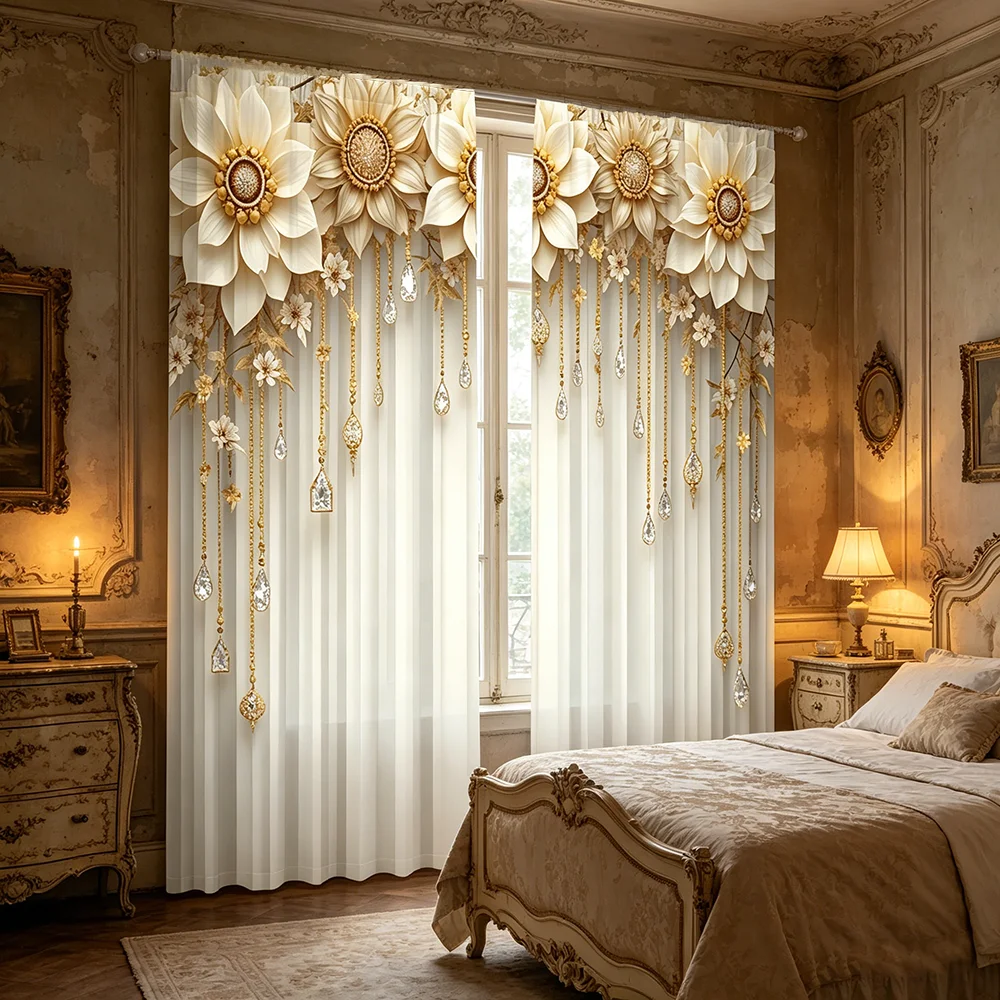 2PCS Digital Printed Curtains, Golden Sunflower Diamond Chain Luxury, Rod Pocket Window Drapes for Living Room Bedroom Decor