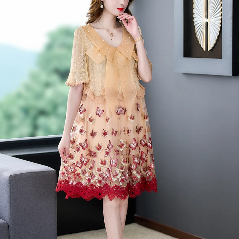 2023 Summer New Fashionable Silk Mesh Embroidery Medium Length Dress Korean Bow Glitter Lace Panel Short Sleeve Slim Long Dress