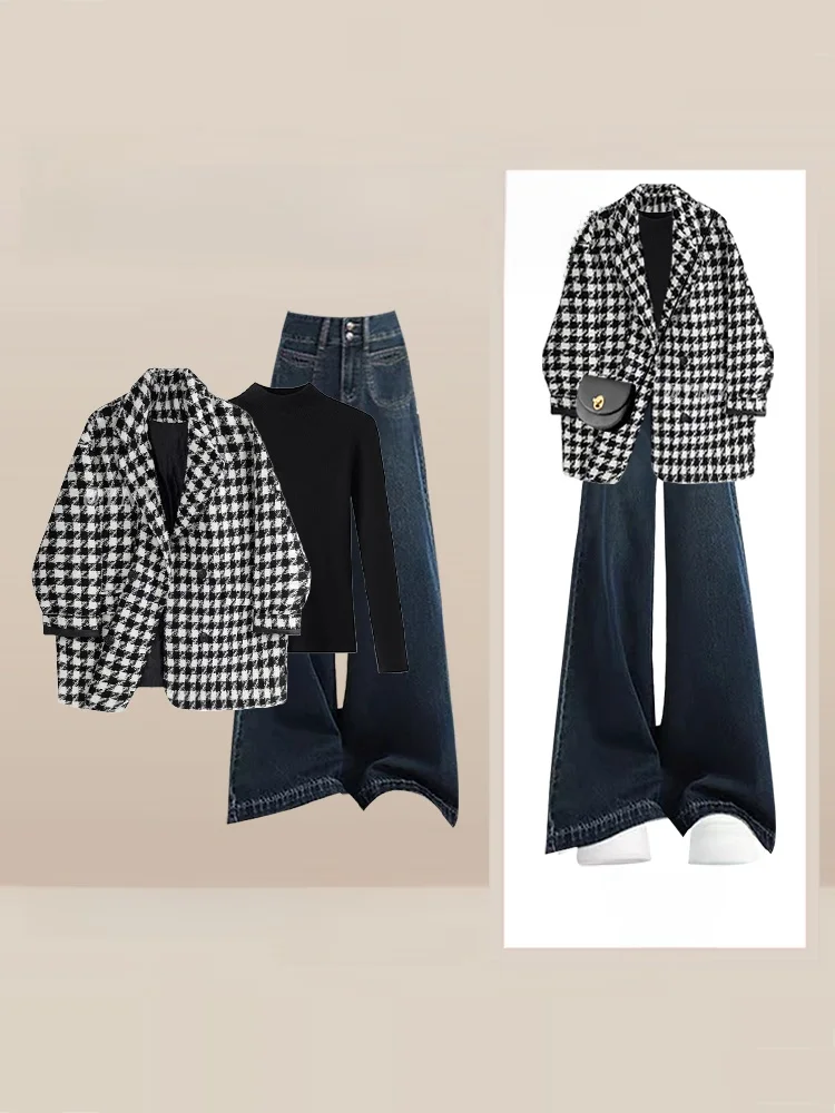 

Женский осенне-зимний комплект: свободные брюки с широкими штанинами и высокой талией, утягивающая верхняя одежда.